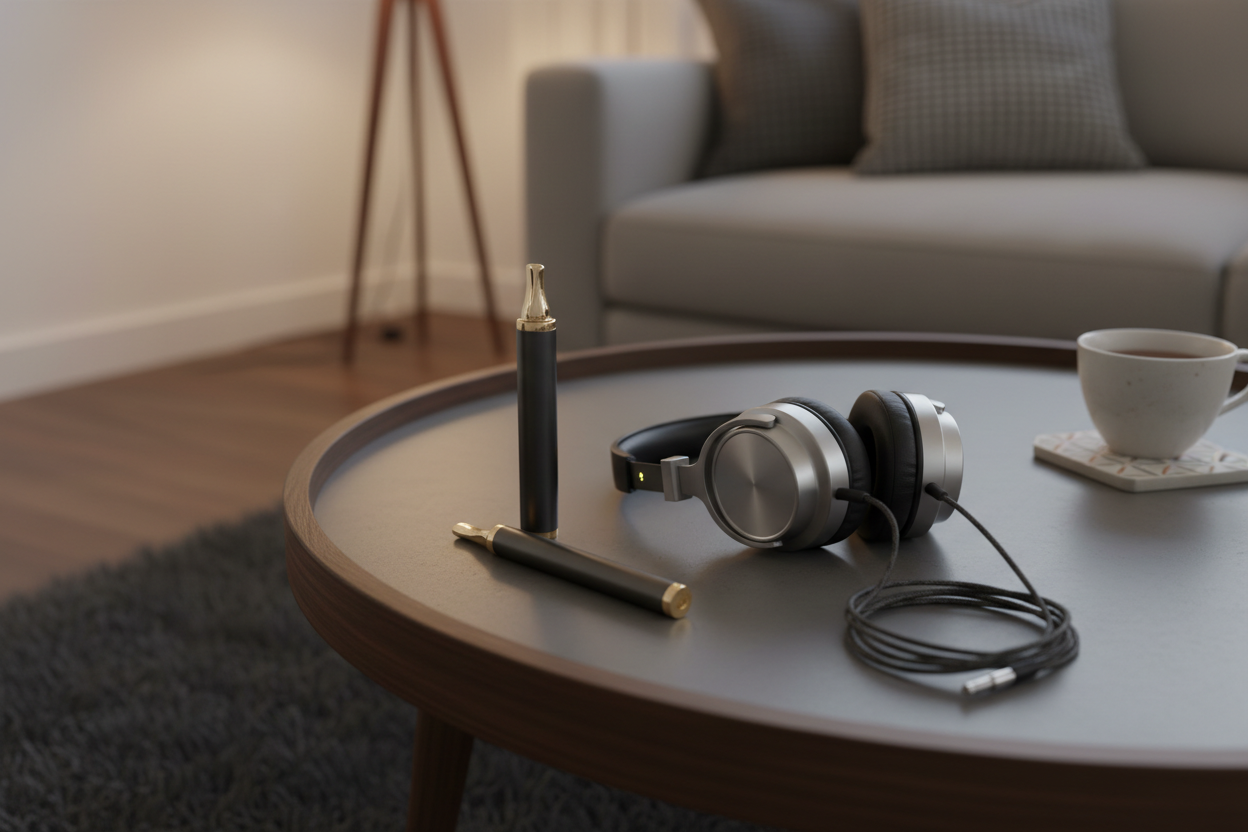 EXCELENTE, AHORA HAZ QUE EL VAPORIZADOR SEA DELGADO Y FINO, PON A LADO PON UNOS AUDIFONOS COMO SI DESPUES DE FUMAR VAS A ESCUCHAR MÚSICA