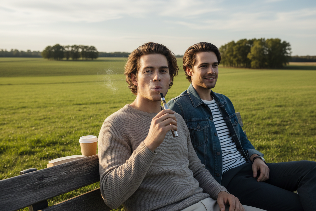 imagen realista, dos amigos con estilo sutil estan sentados fumando un vaporizador delgado y elegante, en el fondo hay una verde llanura con arboles al fondo