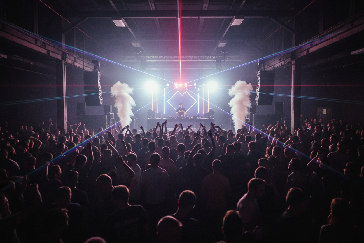 mucha gente en un rave de techno, imagen realista